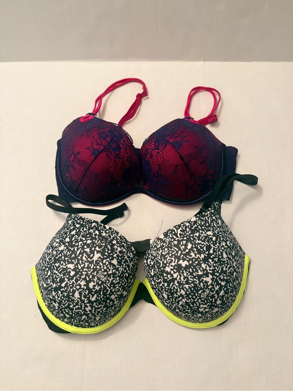 Women’s Lace Overlay Push-Up Bra - Pink/Navy and Black/White